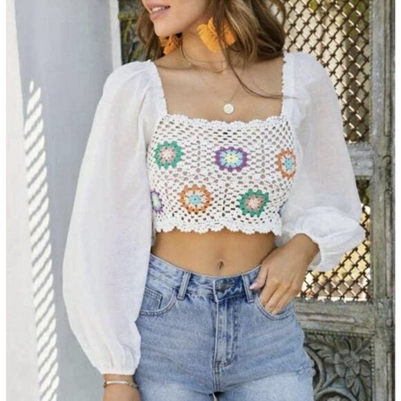 aerie Tops - Aerie Womens Crochet Vacay Top Medium Boho Granny Square Festival 70s Hippie